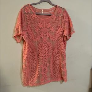 ire Pink Mesh Floral Embroidered Short Sleeve Top One Size